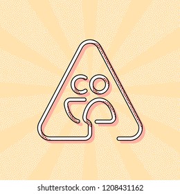 Man and woman in warning triangle. Sign for pedestrians. Linear icon with thin outline. One line style. Vintage retro typography with offset printing effect. Dots poster with comics pop art background