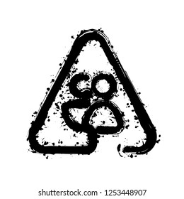 Man and woman in warning triangle. Sign for pedestrians. Linear icon with thin outline. One line style. Black ink with splashes on white background