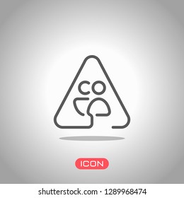 Man and woman in warning triangle. Sign for pedestrians. Linear icon with thin outline. One line style. Icon under spotlight. Gray background