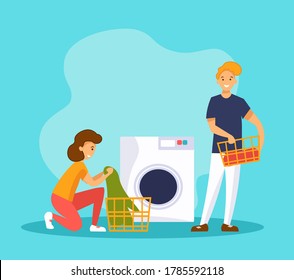 Man and woman wash clothes in a washing maching. Married couple doing laundry. The wife puts clothes into a washer. The husband standing and holding a basket. Family housework. Vector illustration.