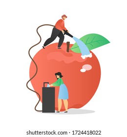 Man and woman washing hands and fresh apple thoroughly with water, vector flat illustration. Personal hand hygiene, fruit and vegetable cleaning to prevent respiratory coronavirus disease spread.