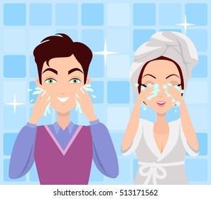 Man and woman washing their faces. Cleaning in the morning. Making washing procedure in front of the mirror. People take care about their look. Part of series of ladies and gentlemen face care. Vector