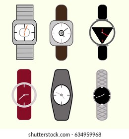 Man and woman watches. The set of 6 images in flat style