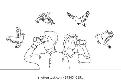 A man and a woman are watching birds. Active recreation for those who love to explore the world. Vector illustration. Images produced without the use of any form of AI software at any stage.