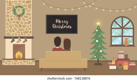 Man and Woman watching Merry Christmas on flat screen wall television in their seasonal decorated home. Flat design holidays interior illustration. Furniture, fireplace and snowy window vectors.