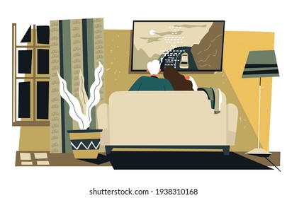 Man and woman watching movies sitting by tv screen on sofa. Male and female relaxing on weekends or in evening. Couple spending romantic day at home together looking at series. Vector in flat style