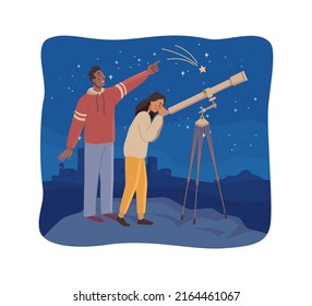 Hombre y mujer mirando cielo estrellado y cuerpos celestes a través del telescopio. Pareja en cita romántica, hobby de novio y novia, ocio y diversión. Caricatura plana, ilustración vectorial