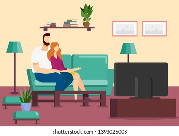 Man and Woman Watching Television at Home. Man and Woman on Sofa. Family Spend Weekend Together. Home Interior. Vector Illustration. Man Hugging Woman. Happy Day. Girl Show Hand on Tv.
