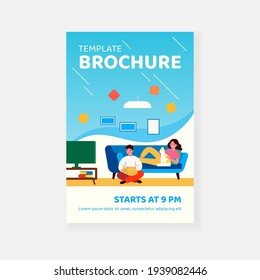 Man and woman watching TV in living room with pets. Couple, cat lovers, home. Flat vector illustration. Leisure, domestic animals keeping concept for banner, website design or landing web page