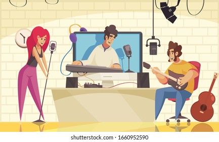 Man and woman watching video blogger playing music and singing cartoon background vector illustration