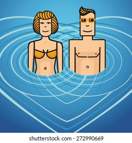 Man and woman in a water. Around them the waves in the shape of a heart.