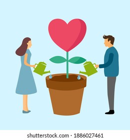 Man and woman watering flower of love in flat design. Loving couple planting heart shape flower. Design for Valentine’s Day greeting card, poster, banner.