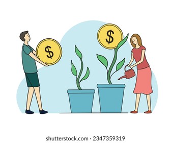 Man and woman watering a flowering plant with coins. Vector concept illustration of investing