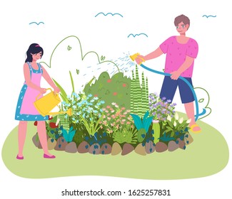 A man and a woman watering flowers in the garden from a garden watering can and a hose. Cute cartoon characters gardeners. Flat vector illustration.