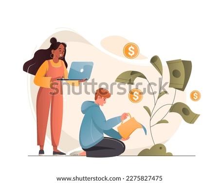 Man and woman watering a money tree. Business partners grows plant with coins. Young family makes capital. Earn money online concept. Success, remote work. Revenue and income vector illustration