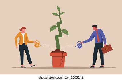 Man and woman watering plant with a cracked flower pot using watering cans, concept of how constructive feedback helps growth despite imperfection, vector flat illustration