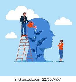 Man and woman watering plant inside head. Support for people in learning. Mind growth. Modern vector illustration in flat style