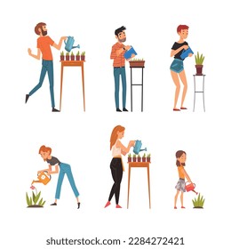 Man and Woman Watering Plants and Flower with Watering Can Vector Set