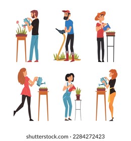 Man and Woman Watering Plants and Flower with Watering Can Vector Set