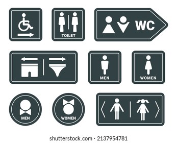 Man and woman wc, bathroom or restroom sign with arrows. Disabled person wc icon. Toilet design with underpants, gender pictogram vector set. Female and male gender closet direction