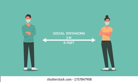 man and woman wear face mask and cross their arms standing together maintain social distancing, keep distance, character flat vector illustration