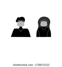 Man and woman wear face shield on white background. Silhouette vector design.