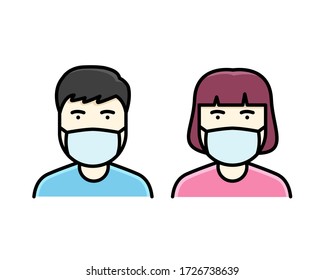a man and woman wear a mask to avoid Covid-19 icon vector color