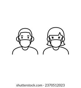 a man and woman wear a mask icon. People wearing protective surgical mask. Concepts of coronavirus outbreak. Covid-19 Notice Safety sign silhouette Vector illustration Design white background EPS10