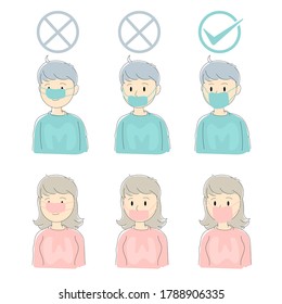 Man and woman Wear a mask to protect Coronavirus and dust. And wearing when sick. How to wear the correct mask