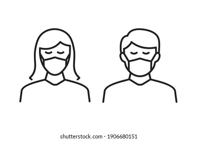 Man And Woman Wear Medical Face Protection Mask Icon. Sickness, Disease, Allergies, Pollution Business Concepts, 