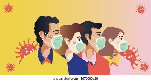 Man and woman wear medical mask, People who are in anxiety and fear because of the corona virus.  illustration.Vector