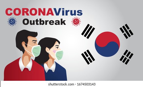 Man and woman wear medical mask, People who are in anxiety and fear because of the corona virus. novel Cover-19 nCoV, south Korea Flag illustration. Vector