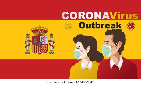 Man and woman wear medical mask, People who are in anxiety and fear because of the corona virus. novel Cover-19 nCoV, spain Flag  illustration. Vector