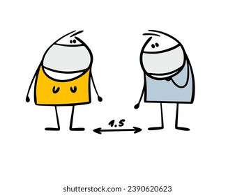 Man and woman wear medical masks, follow rules, keep the distance. Vector illustration of cartoon stickman is afraid of getting infected and getting sick with covid. Isolated on white background.
