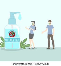 Man and woman wear a nose mask and stand near a big bottle of alcohol gel.Flat design style,vector illustration about protection covid-19.