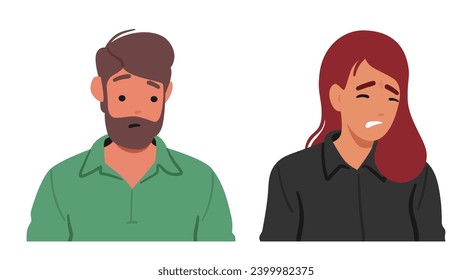 Man and Woman Wear An Upset Expression. Their Downturned Lips And Tense Features Reveal Inner Turmoil, Reflecting Emotional Turbulence they Currently Experiencing. Cartoon People Vector Illustration