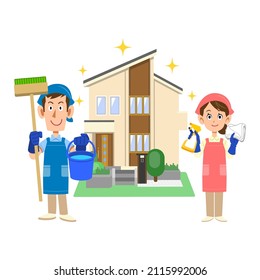 A man and a woman wearing an apron with cleaning tools in front of a shiny house