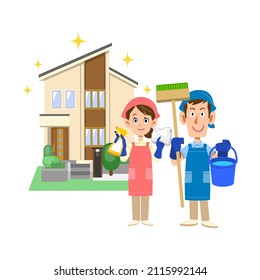 A man and a woman wearing an apron with cleaning tools in front of a shiny house