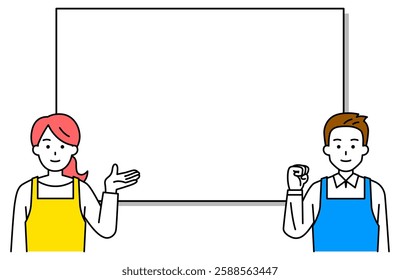 Man and woman wearing an apron giving directions in front of a whiteboard