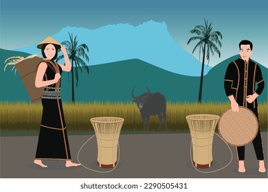 a man and a woman wearing beautiful traditional attires harvesting paddy. Bamboo baskets and a winnowing tool are among the most essential tools required