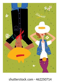 Man and woman wearing cowboy hats and jeans lying on the grass and having rest. Summer. Jeans promotion.  Love couple horoscope taurus symbol. vector illustration