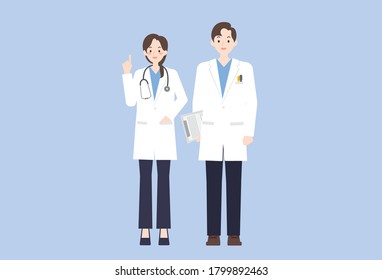 
Man and woman wearing doctor gown flat illustration. The woman doctor wears a stethoscope around her neck, and the male doctor holds the chart in hand.