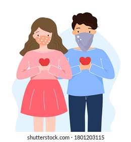Man and woman wearing fabric mask or cloth face covering to protect from Covid19. People holding red heart in Coronavirus pandemic awareness and self care concept. Vector illustration