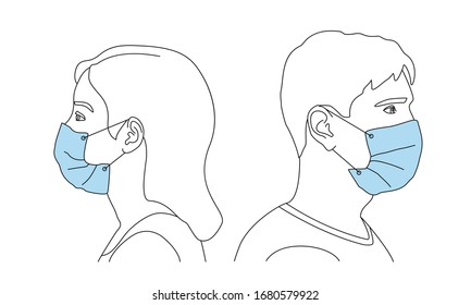 Man and woman wearing face mask for virus protection and personal health, standing with their backs to each other. Vector illustration in outline style.