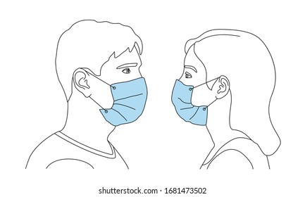 Man and woman wearing face mask for virus protection, facing each other. Concept health care to avoid breathing in the toxic gas, air  pollution, smoke. Vector illustration in outline style.