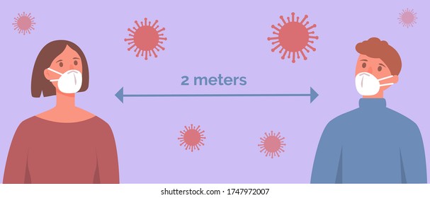 Man and woman wearing face mask at safe distance from each other to prevent disease. Coronavirus. People maintaining social distance. Vector illustration in a flat style.
