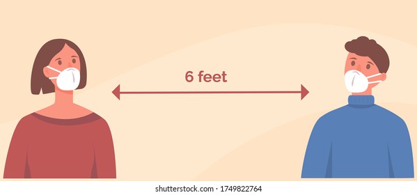 Man and woman wearing face mask at safe distance in 6 feet 2 metres from each other to prevent disease. Coronavirus. People maintaining social distance. Vector illustration in a flat style.