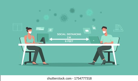 man and woman wearing face mask sitting in the office and working on laptop computer together and maintain social distancing to prevent spreading of Covid-19, Coronavirus, flat vector illustration