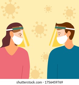 Man and woman wearing face mask and a plastic medical face shield around with virus cells. Close up shot girl and guy wearing Covid-19 coronavirus protective mask. Virus protection equipment.