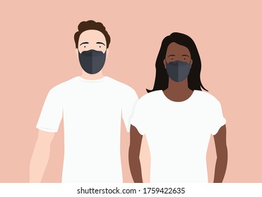 Man and Woman Wearing Face Mask Protecting From Germs and Virus Vector Illustration Background